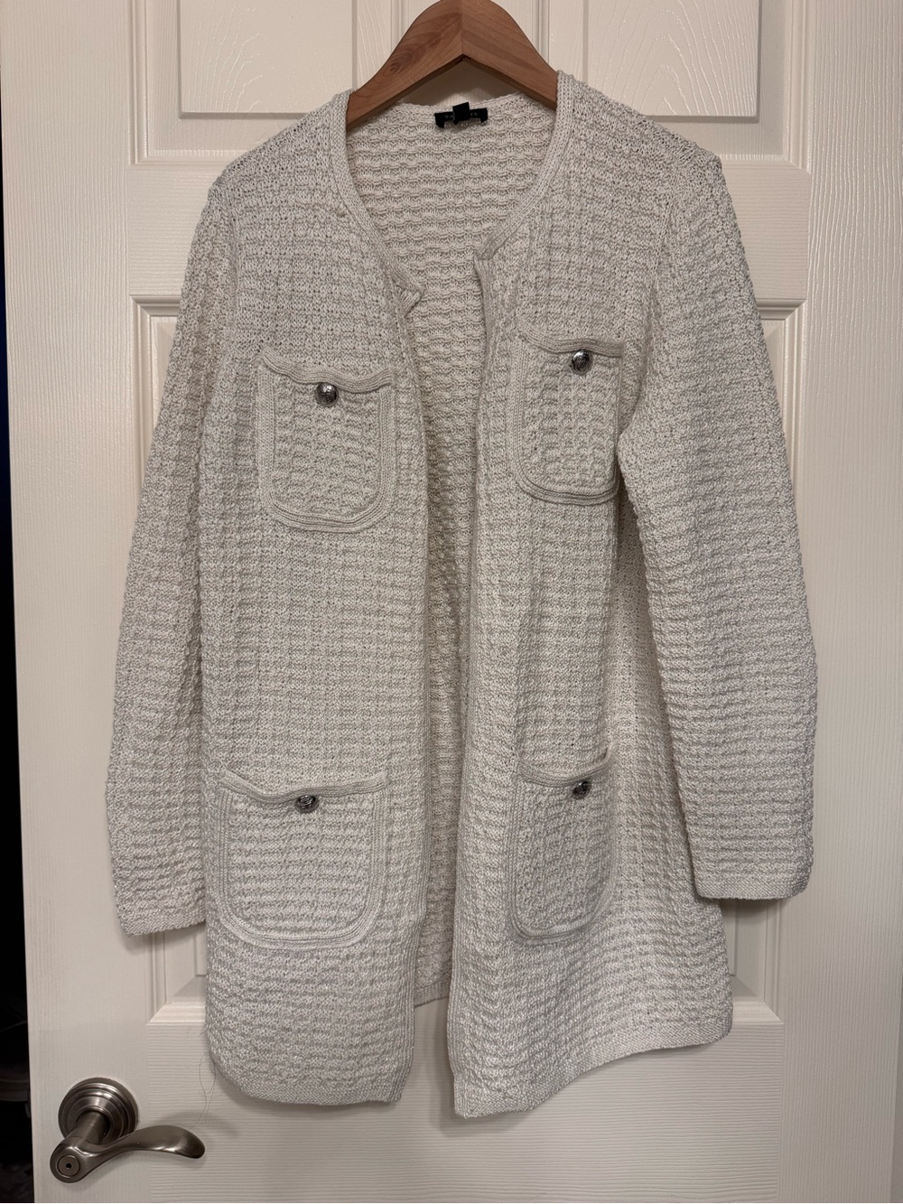 Talbots Cream Woven Open-Front Pocket Cardigan